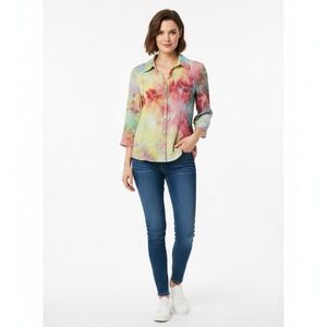 M Milano Women Medium Tie‎ Dye Textured Crinkle Button Down 3/4 Sleeve Shirt